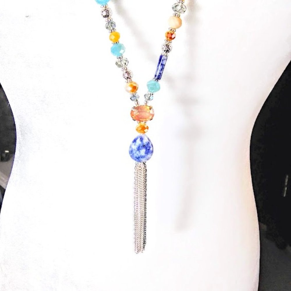 *SODALITE & CZECH GLASS BEADS*LARIAT/Y STYLE TASSLE NECKLACE *HAND CRAFTED